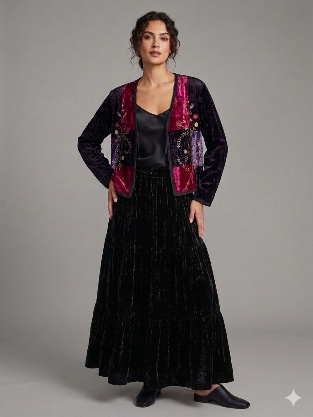 White Stag Vintage Embroidered Velvet Patchwork Boho Jacket
